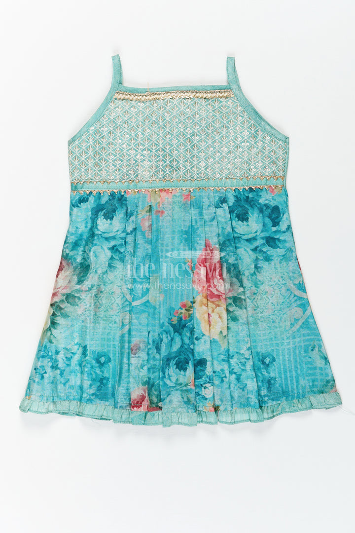 Baby Girls Green Cotton Dress with Floral Digital Prints and Gold Sequin Embroidered Yoke
