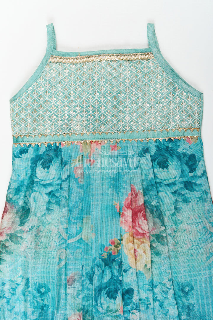Baby Girls Green Cotton Dress with Floral Digital Prints and Gold Sequin Embroidered Yoke