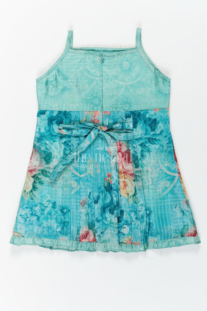Baby Girls Green Cotton Dress with Floral Digital Prints and Gold Sequin Embroidered Yoke