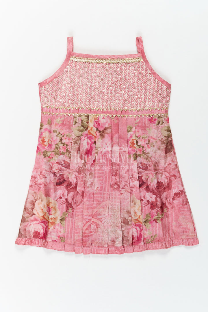 Baby Girls Outfits in Rose Print with Sequin Embroidered Yoke and Delicate Shoulder Straps