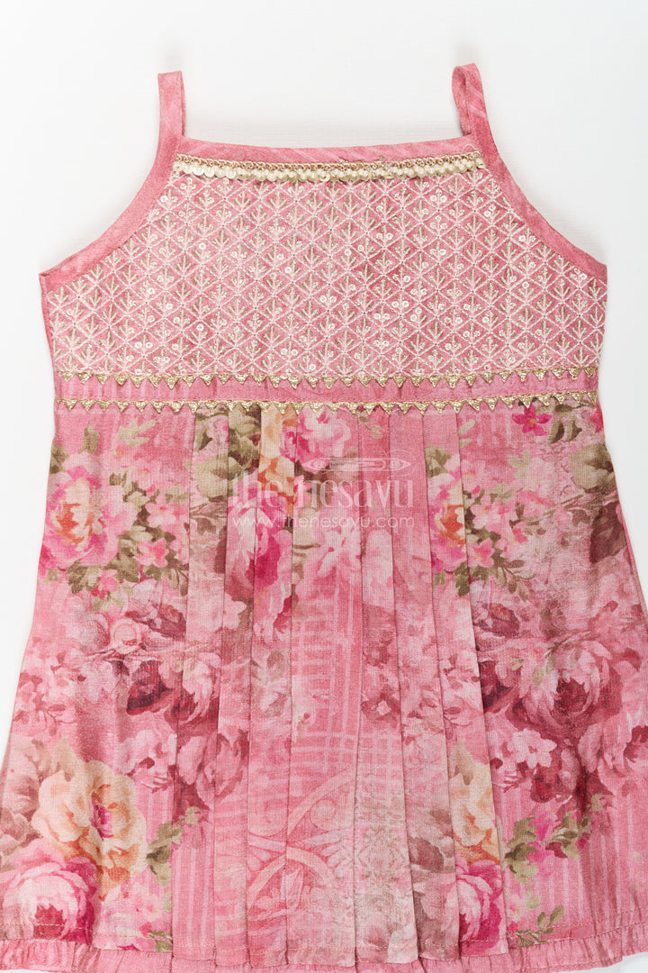 Baby Girls Outfits in Rose Print with Sequin Embroidered Yoke and Delicate Shoulder Straps
