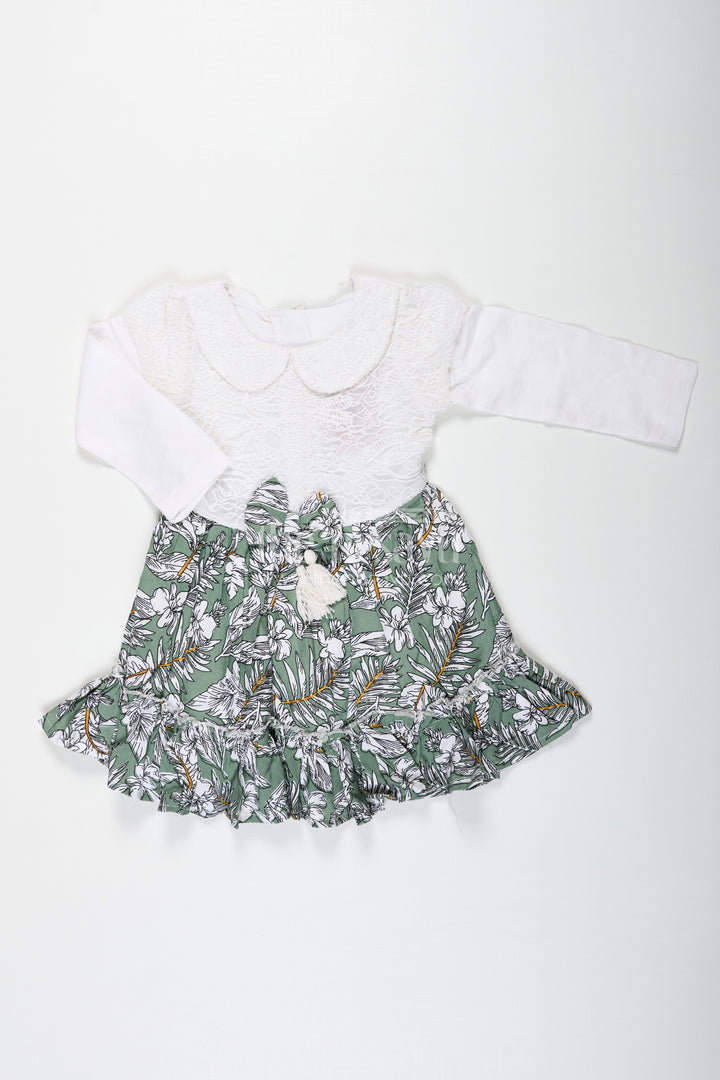 Frock for Photoshoot in Soft Net with Embroidered Yoke and Leafy Green Digital Print Skirt for Baby Girls