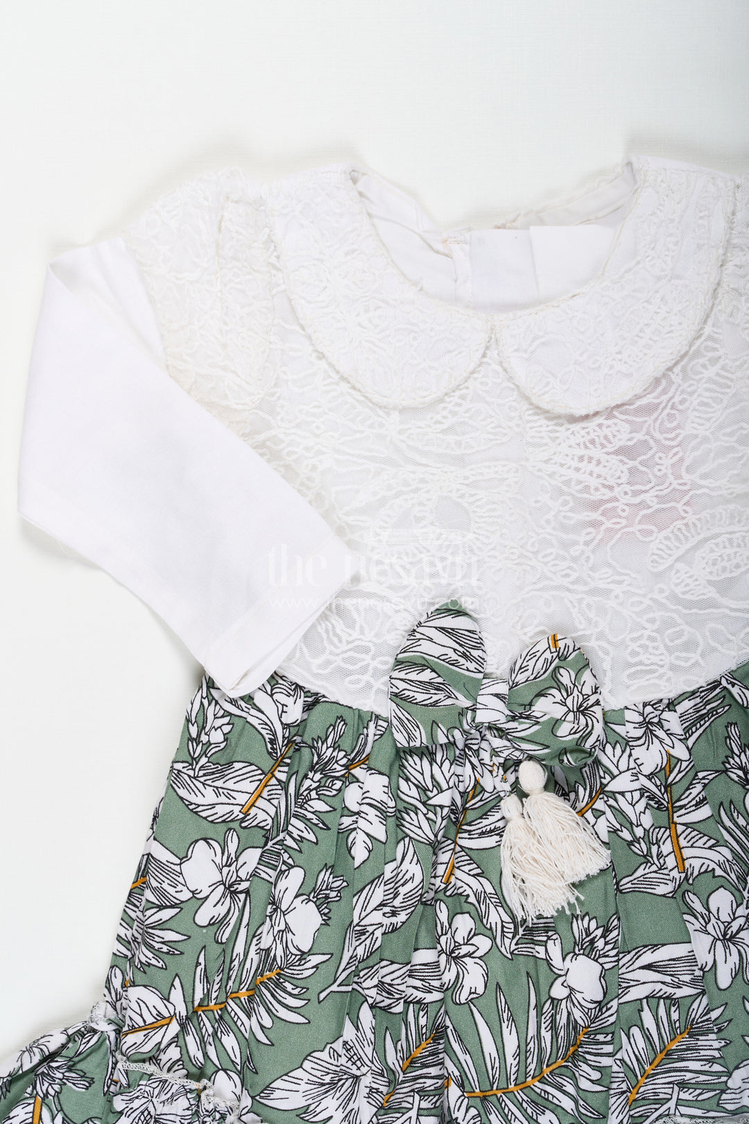 Frock for Photoshoot in Soft Net with Embroidered Yoke and Leafy Green Digital Print Skirt for Baby Girls