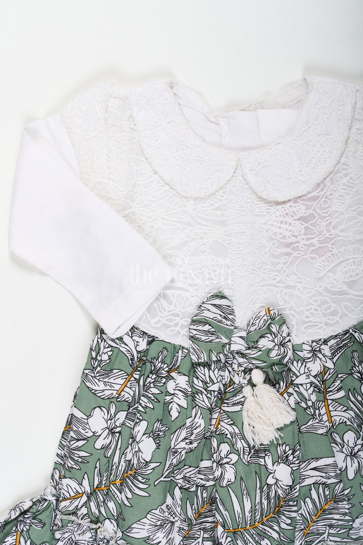 Frock for Photoshoot in Soft Net with Embroidered Yoke and Leafy Green Digital Print Skirt for Baby Girls