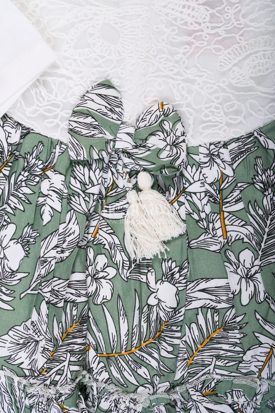 Frock for Photoshoot in Soft Net with Embroidered Yoke and Leafy Green Digital Print Skirt for Baby Girls