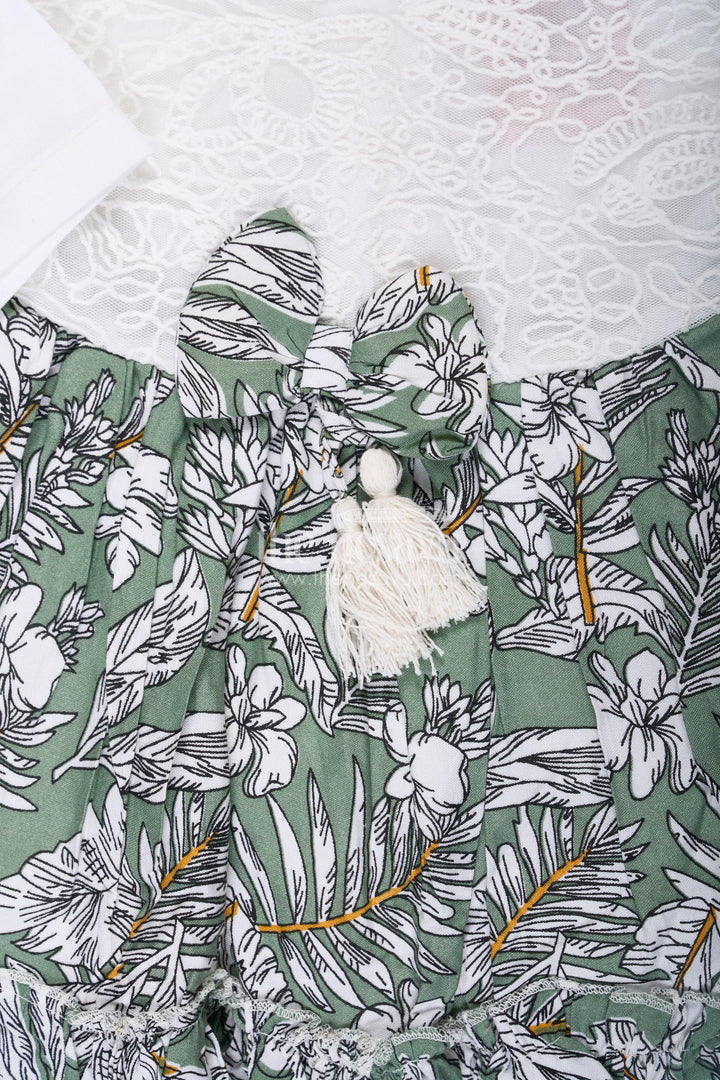 Frock for Photoshoot in Soft Net with Embroidered Yoke and Leafy Green Digital Print Skirt for Baby Girls