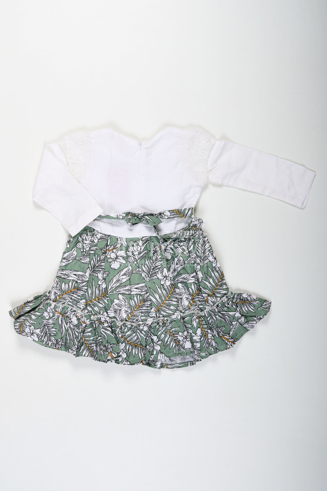 Frock for Photoshoot in Soft Net with Embroidered Yoke and Leafy Green Digital Print Skirt for Baby Girls