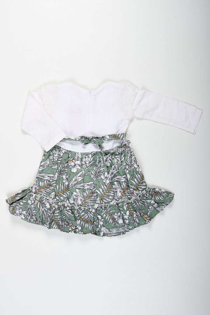 Frock for Photoshoot in Soft Net with Embroidered Yoke and Leafy Green Digital Print Skirt for Baby Girls