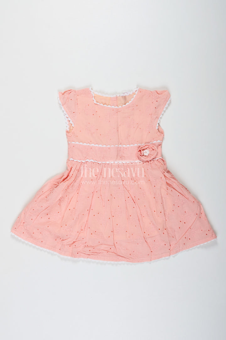 Frock for Wedding in Peach Cotton Hakoba with Waist Flower Detail and Matching Mini Bag