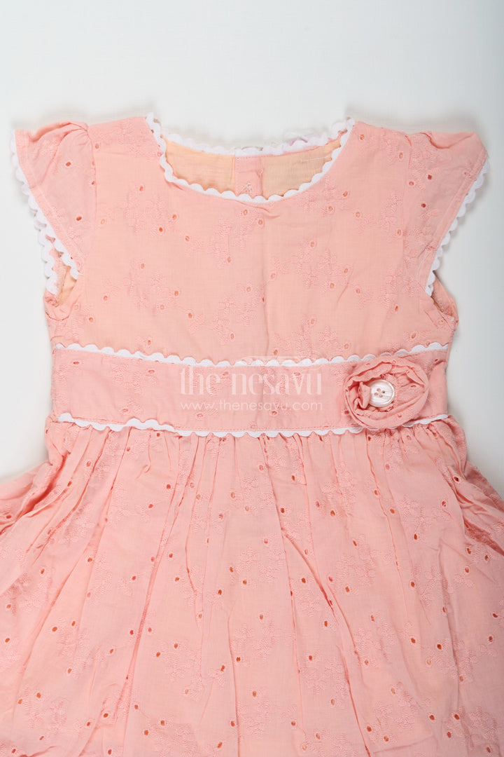 Frock for Wedding in Peach Cotton Hakoba with Waist Flower Detail and Matching Mini Bag