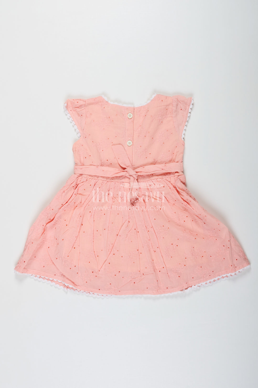 Frock for Wedding in Peach Cotton Hakoba with Waist Flower Detail and Matching Mini Bag
