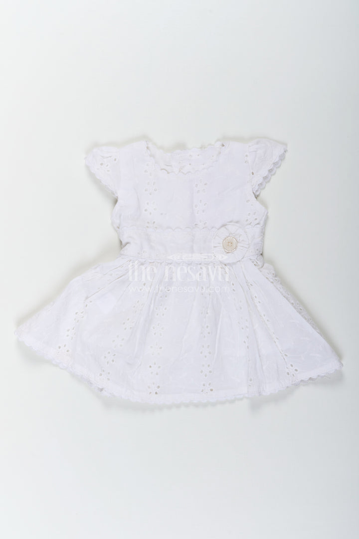 White Party Wear Frock for Baby Girls in Cotton Hakoba with Embroidered Floral Details and Mini Handbag
