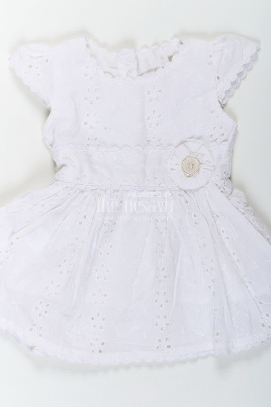White Party Wear Frock for Baby Girls in Cotton Hakoba with Embroidered Floral Details and Mini Handbag