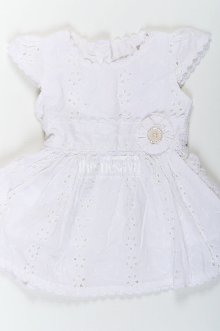 White Party Wear Frock for Baby Girls in Cotton Hakoba with Embroidered Floral Details and Mini Handbag