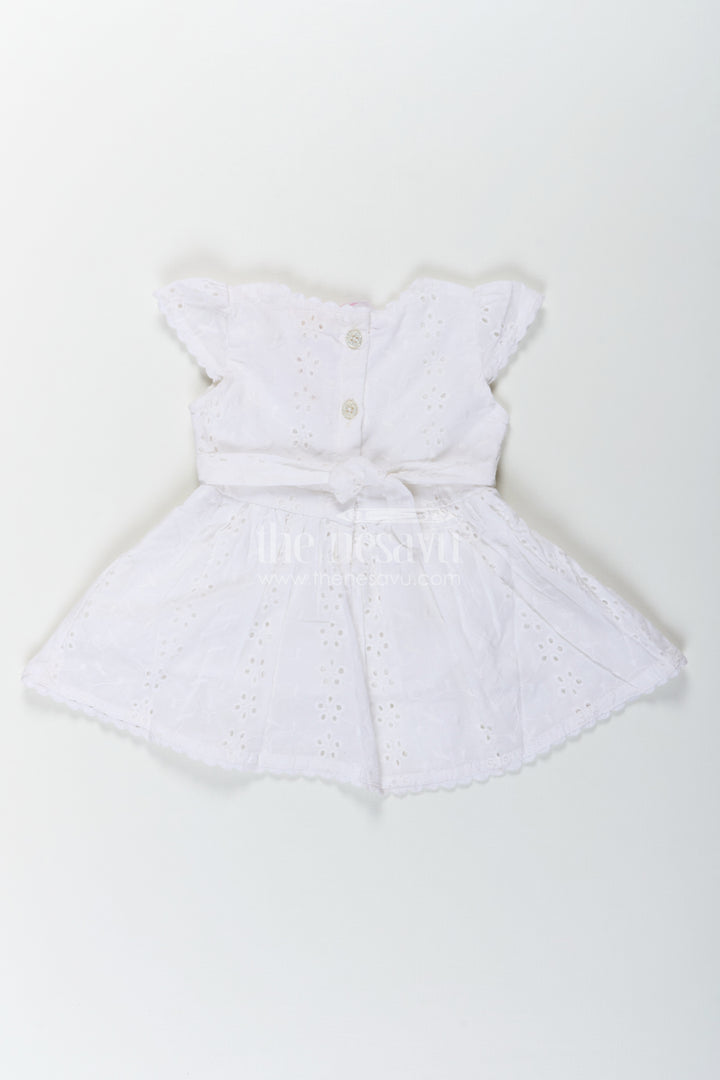 White Party Wear Frock for Baby Girls in Cotton Hakoba with Embroidered Floral Details and Mini Handbag