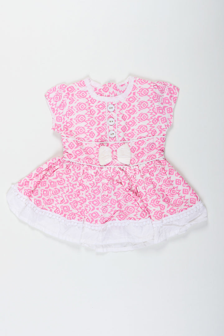 Light Pink Frock Suit for Girls in Rayon with Digital Print and Embroidered Lace Border