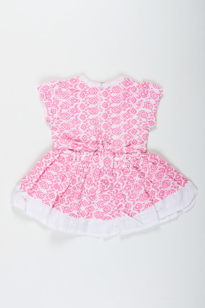 Light Pink Frock Suit for Girls in Rayon with Digital Print and Embroidered Lace Border