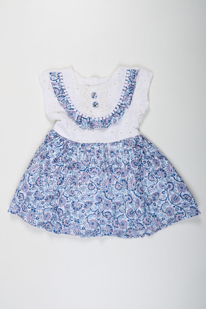 Navy Blue Frock for Baby Girls with Hakoba Lace Yoke and Printed Cotton Flared Skirt