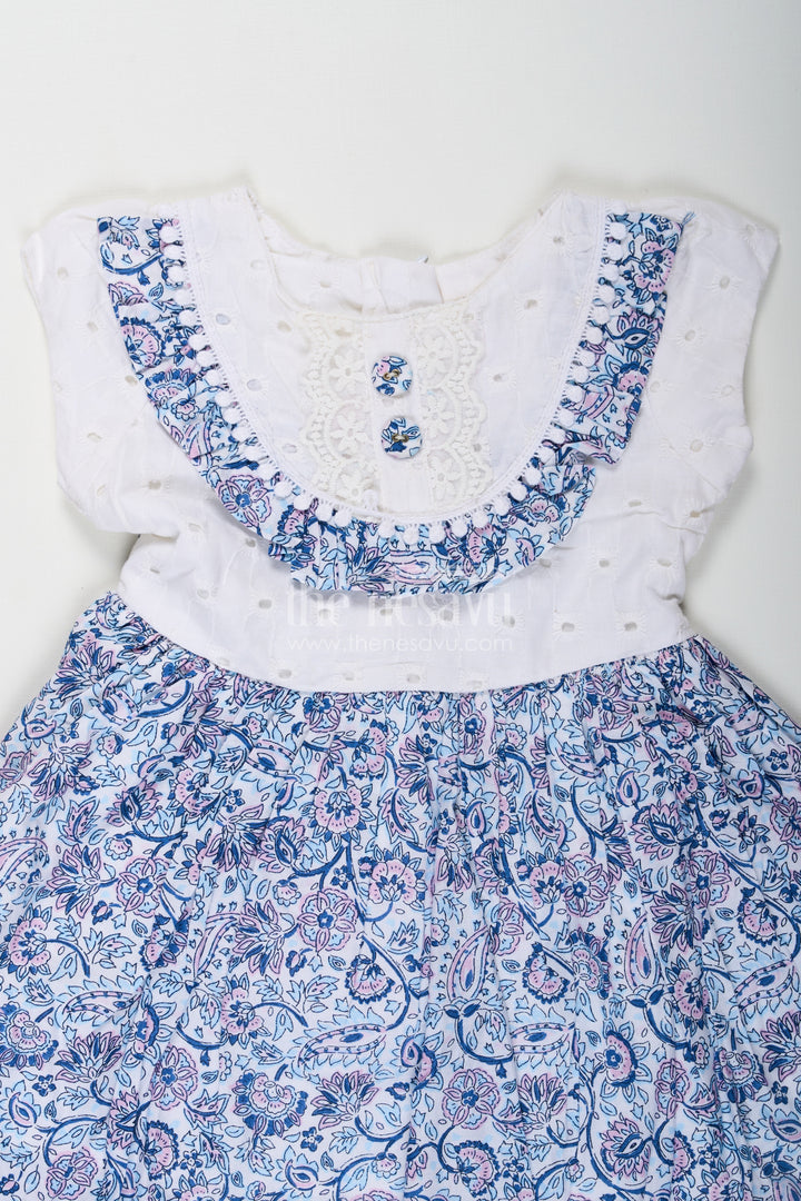 Navy Blue Frock for Baby Girls with Hakoba Lace Yoke and Printed Cotton Flared Skirt