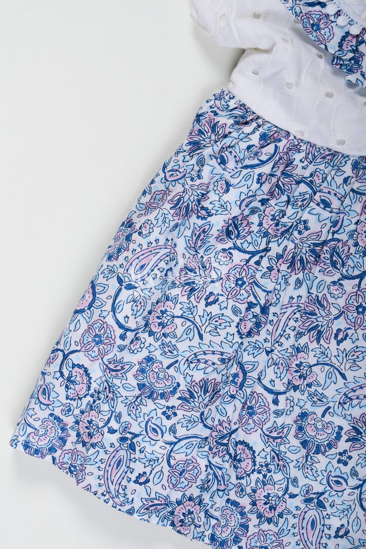 Navy Blue Frock for Baby Girls with Hakoba Lace Yoke and Printed Cotton Flared Skirt