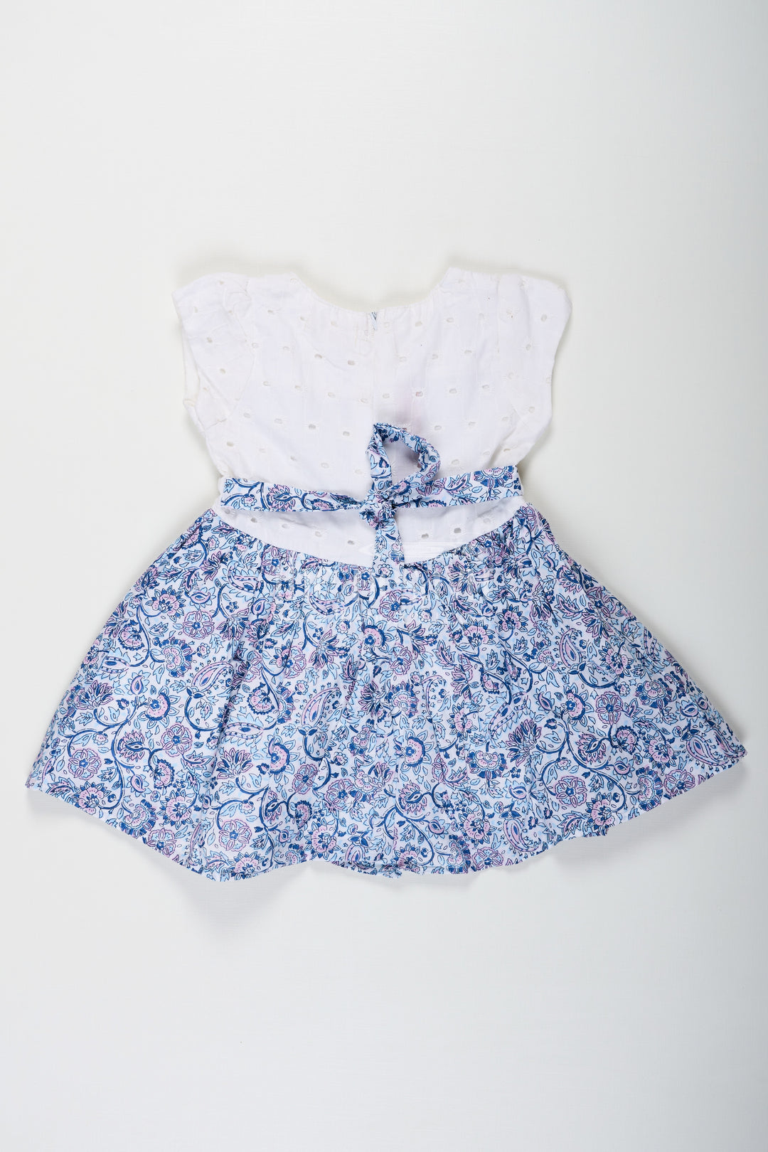 Navy Blue Frock for Baby Girls with Hakoba Lace Yoke and Printed Cotton Flared Skirt