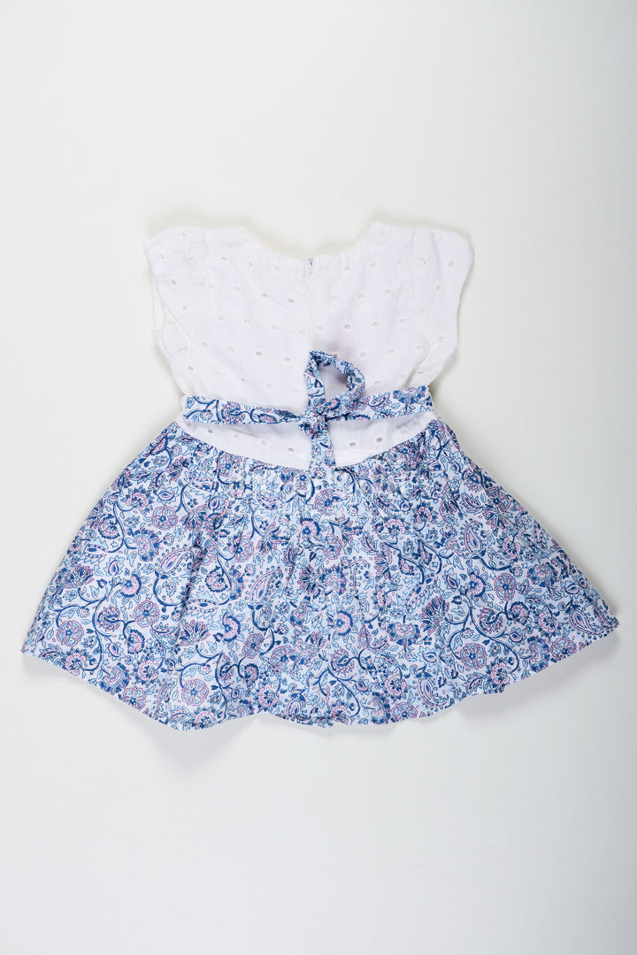 Navy Blue Frock for Baby Girls with Hakoba Lace Yoke and Printed Cotton Flared Skirt