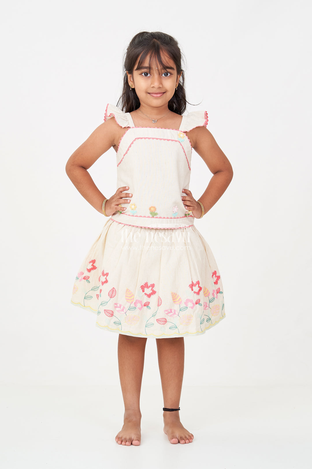 Floral Frock Suit for Babies in Soft Cotton with Embroidered Skirt and Cute Ruffle Strap Top