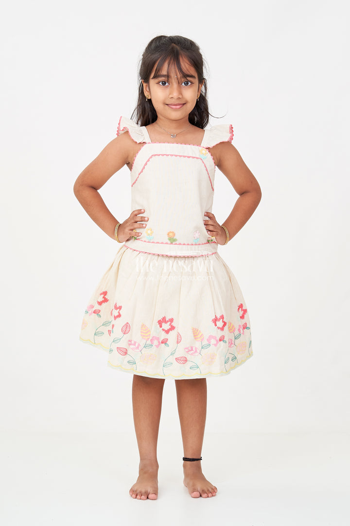 Floral Frock Suit for Babies in Soft Cotton with Embroidered Skirt and Cute Ruffle Strap Top