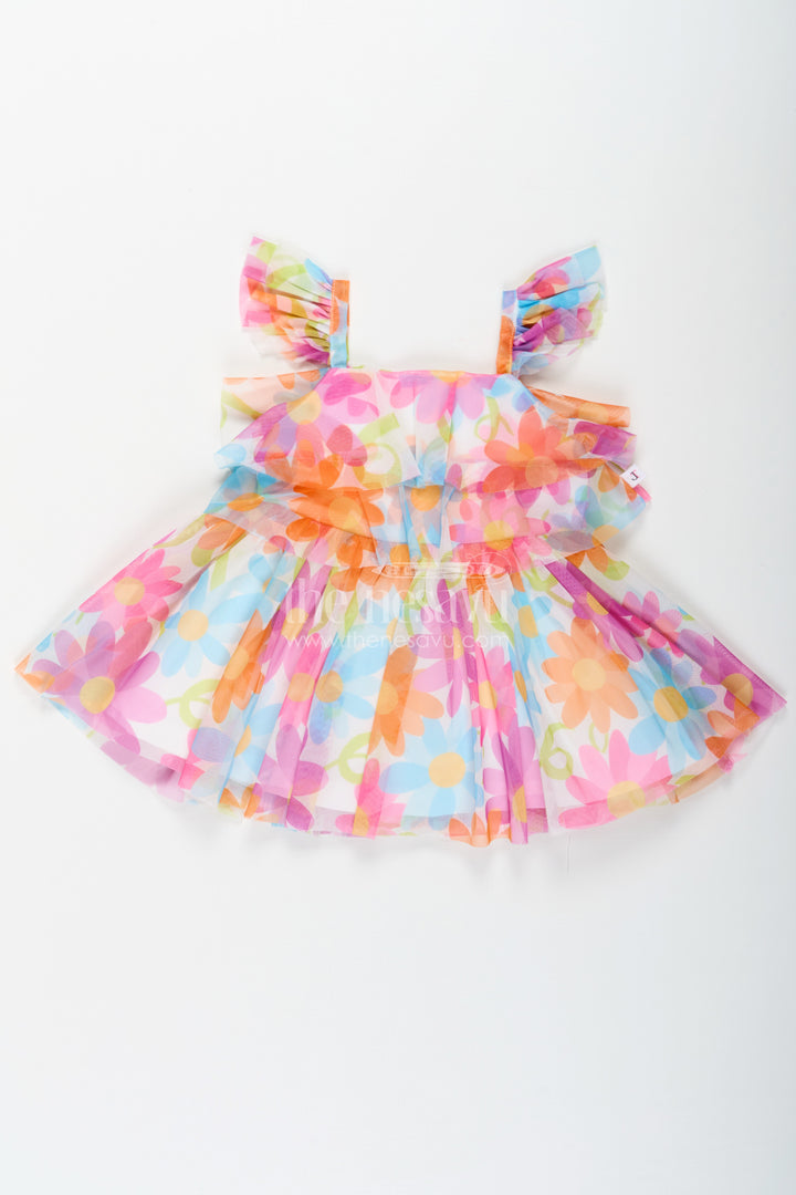 Frock for Toddler Girl in Soft Net with Colorful Floral Print and Ruffled Straps for Playful Outings