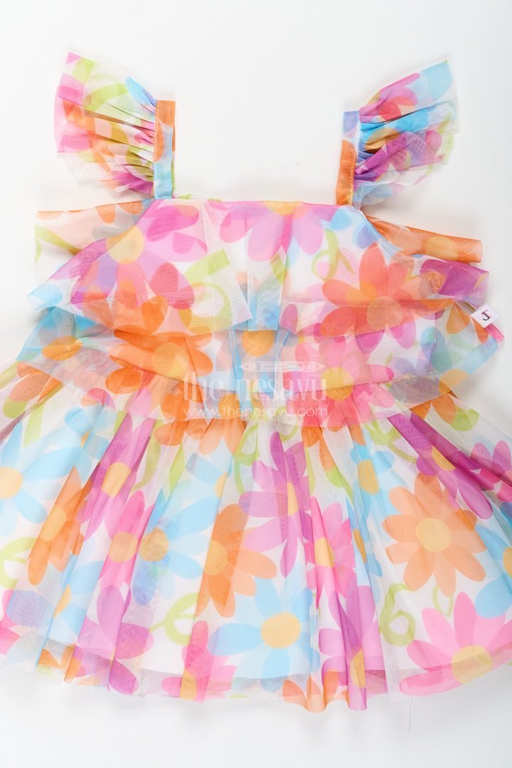 Frock for Toddler Girl in Soft Net with Colorful Floral Print and Ruffled Straps for Playful Outings