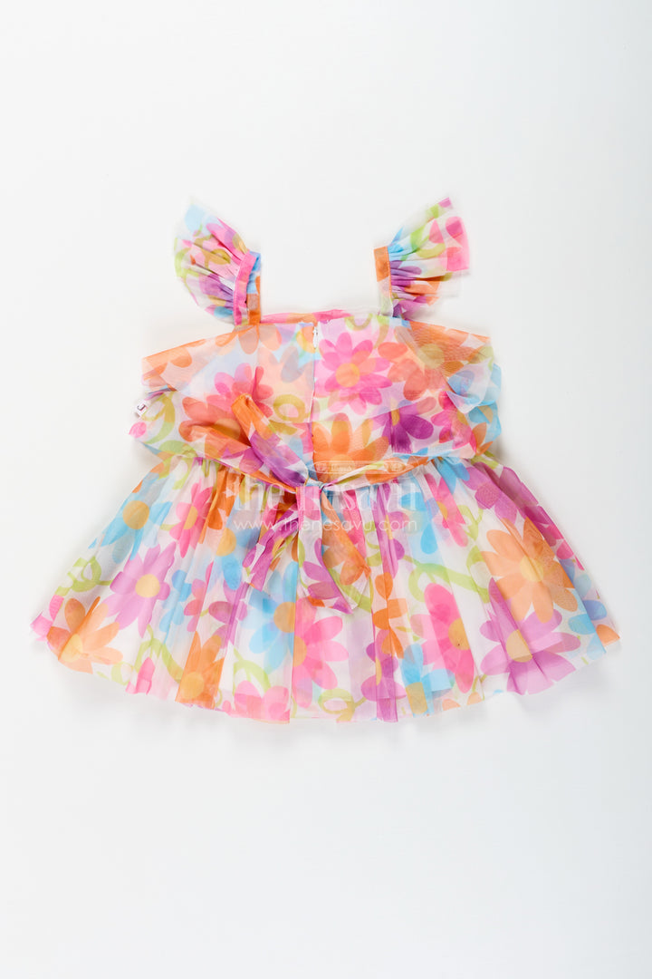 Frock for Toddler Girl in Soft Net with Colorful Floral Print and Ruffled Straps for Playful Outings