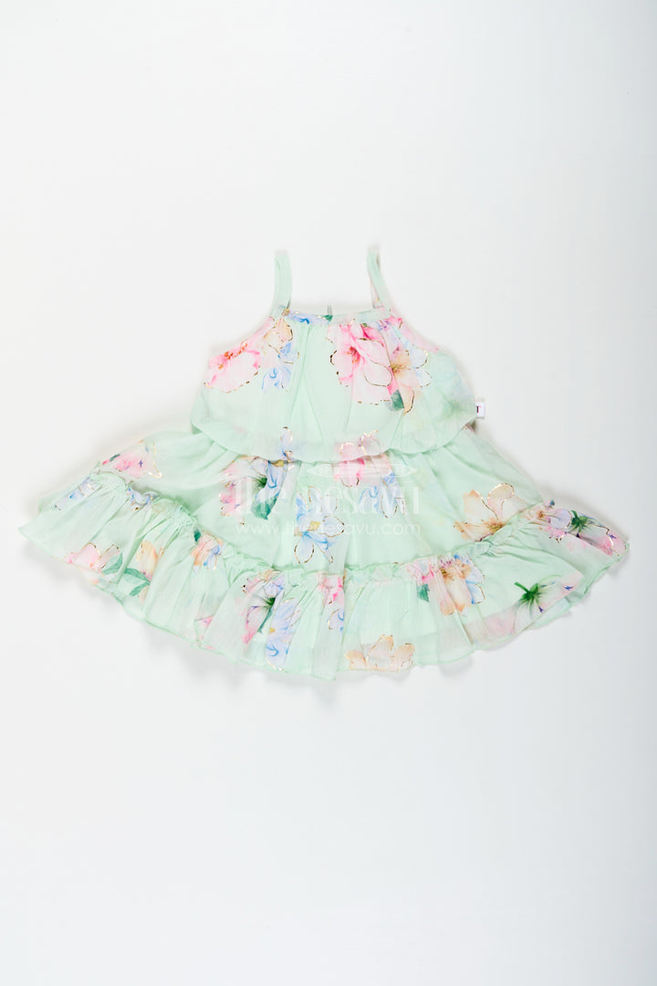Beach Frocks for Baby Girls in Light Green Floral Georgette with Sun Hat and Layered Ruffles