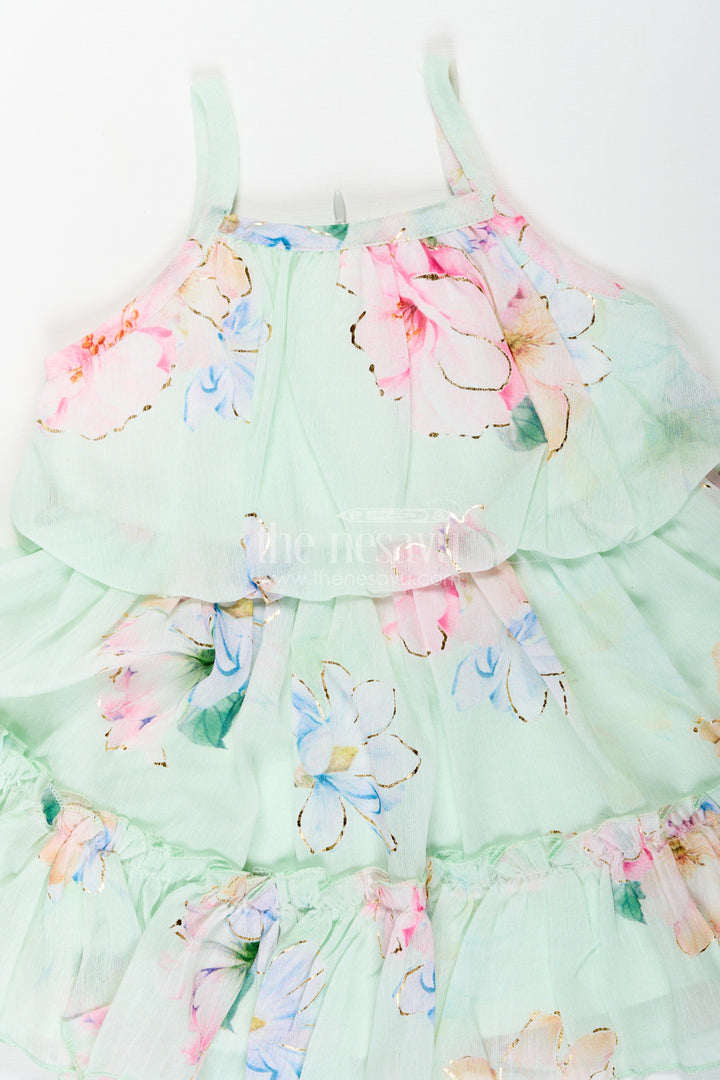 Beach Frocks for Baby Girls in Light Green Floral Georgette with Sun Hat and Layered Ruffles
