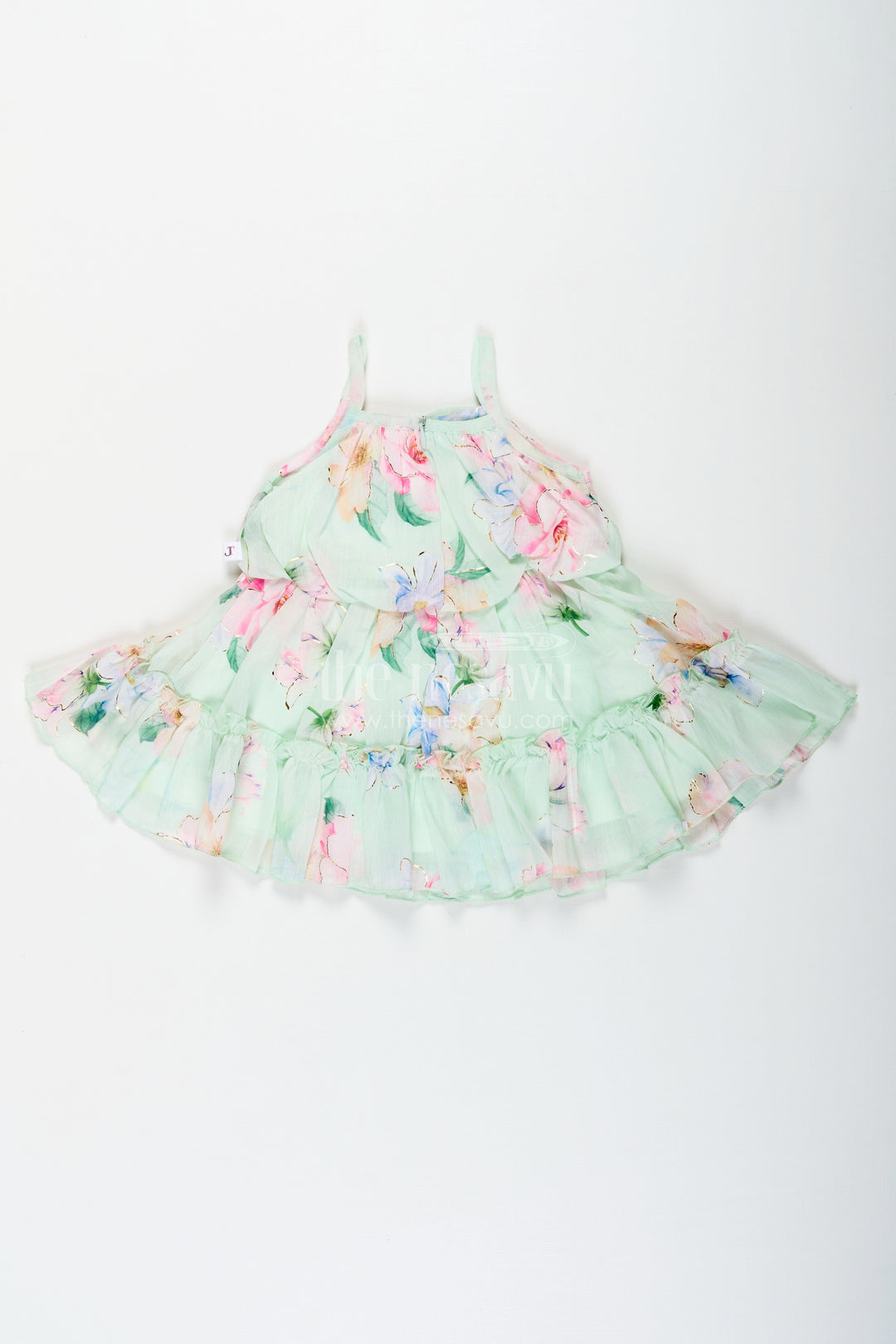 Beach Frocks for Baby Girls in Light Green Floral Georgette with Sun Hat and Layered Ruffles