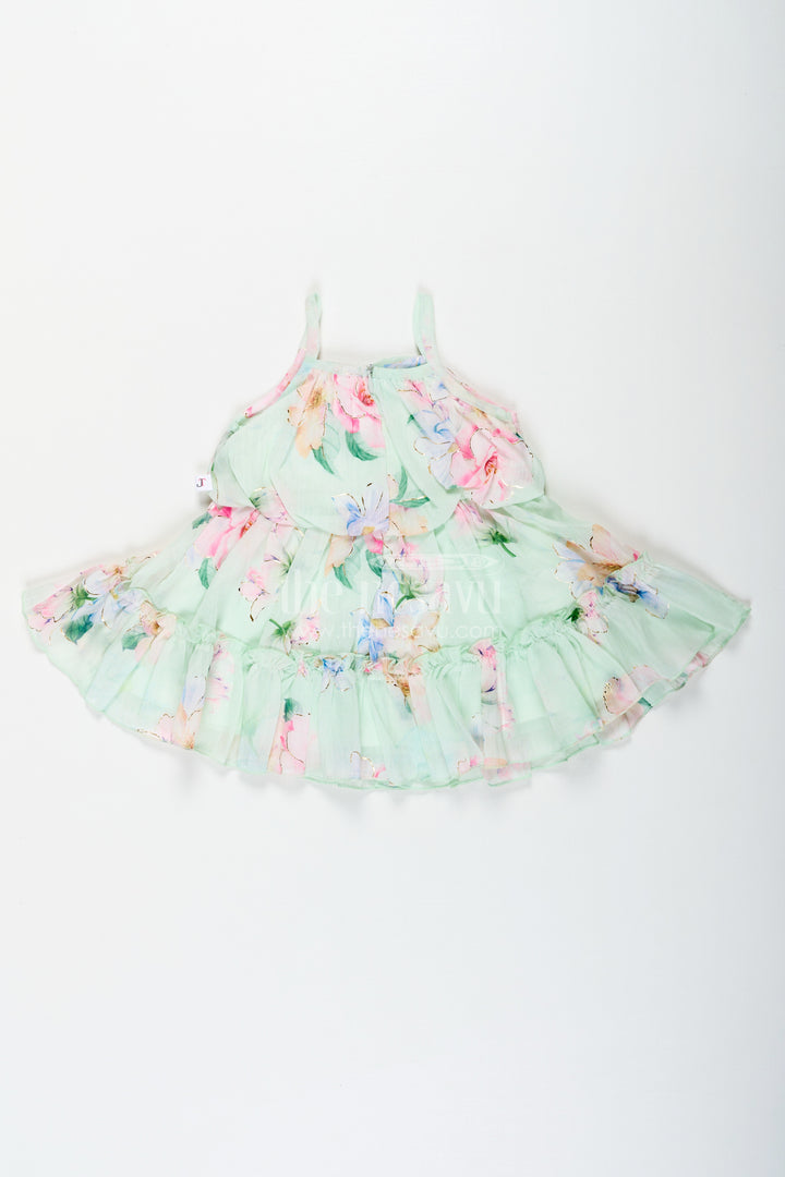 Beach Frocks for Baby Girls in Light Green Floral Georgette with Sun Hat and Layered Ruffles