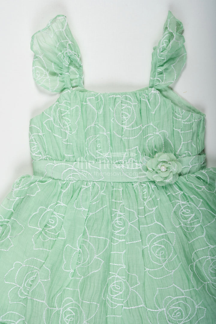 Latest Frock Designs for Baby Girls in Light Green Georgette with Rose Pattern Embroidery