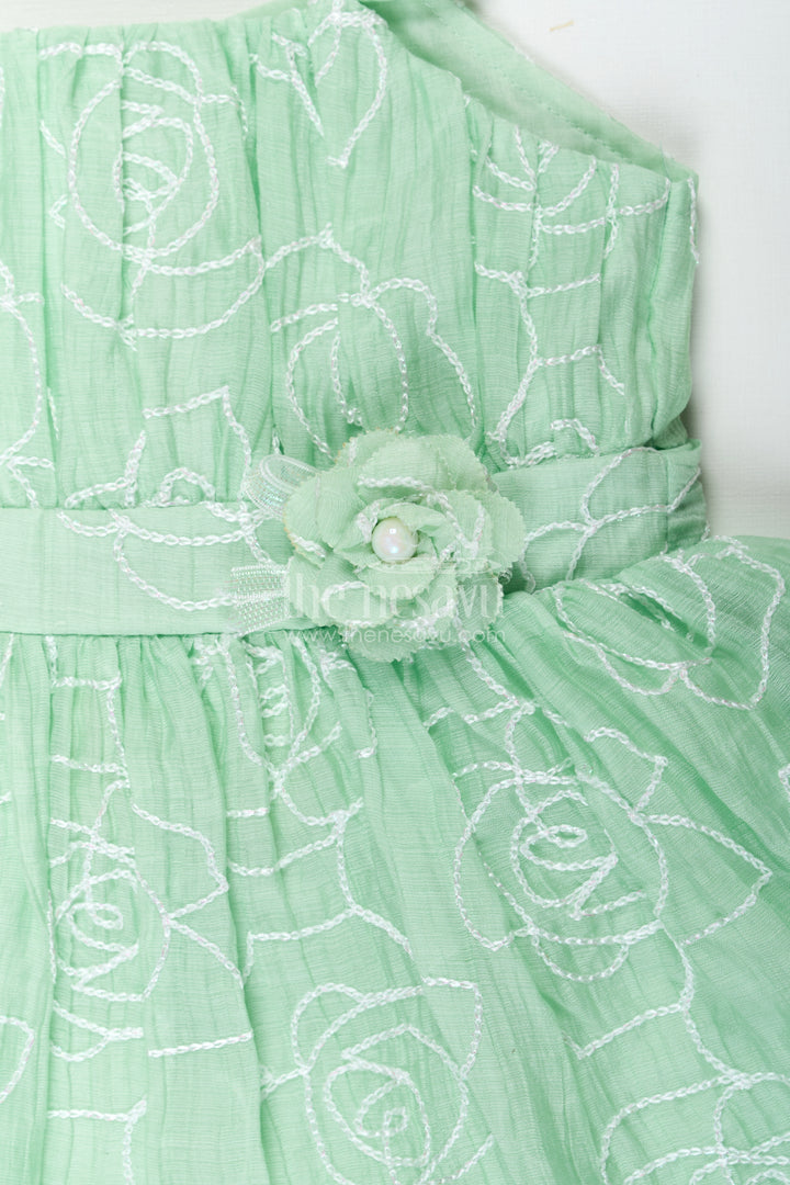 Latest Frock Designs for Baby Girls in Light Green Georgette with Rose Pattern Embroidery