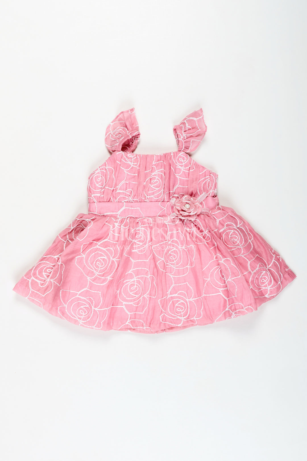 Rose Pink Baby Girl Cotton Frock With Embroidery & Floral Details