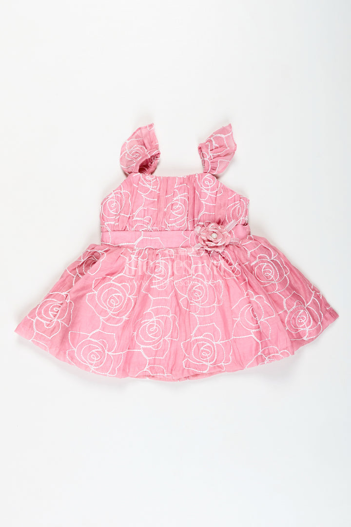Rose Pink Baby Girl Cotton Frock With Embroidery & Floral Details