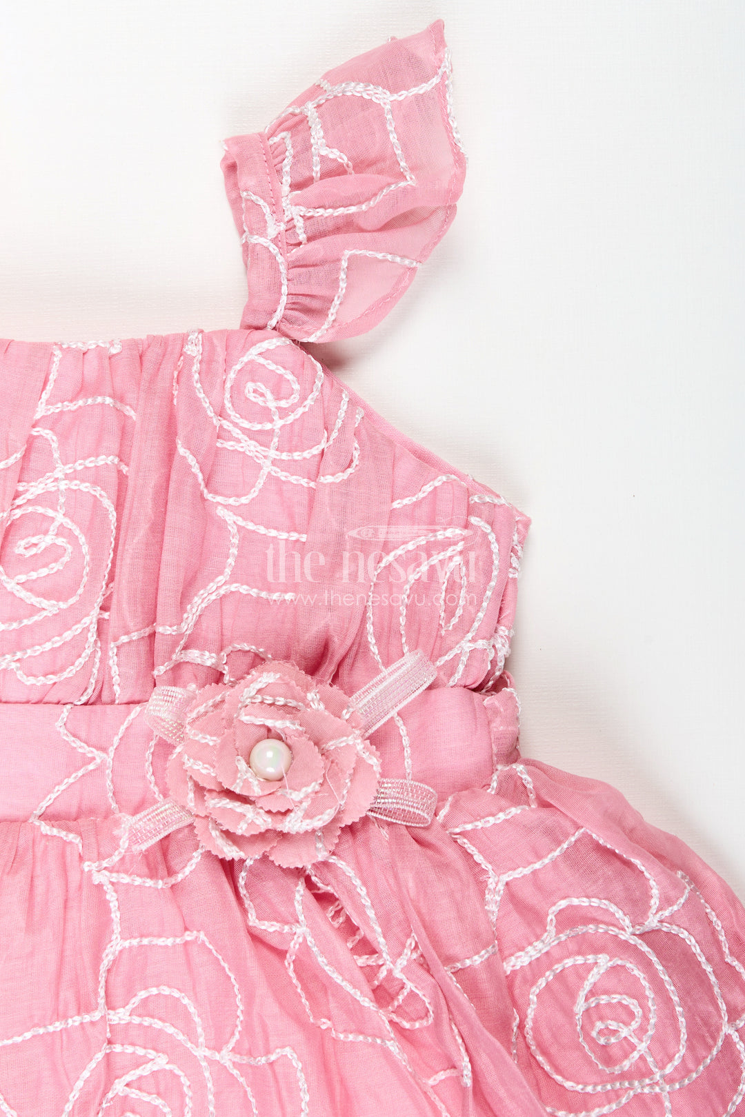 Rose Pink Baby Girl Cotton Frock With Embroidery & Floral Details