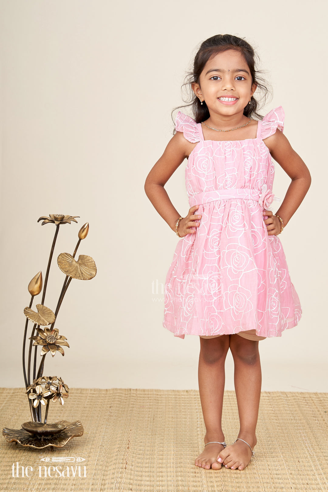 Rose Pink Baby Girl Cotton Frock With Embroidery & Floral Details