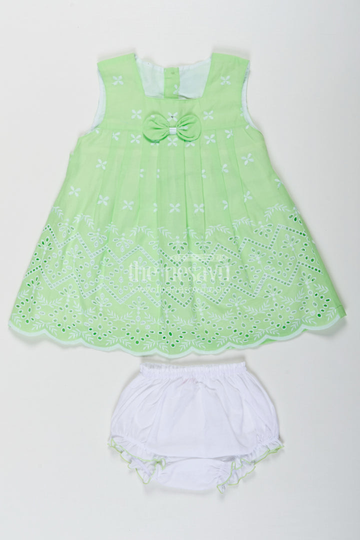 Ethnic Frock for Baby Girls in Green Cotton Hakoba Embroidery with Classic White Bloomers