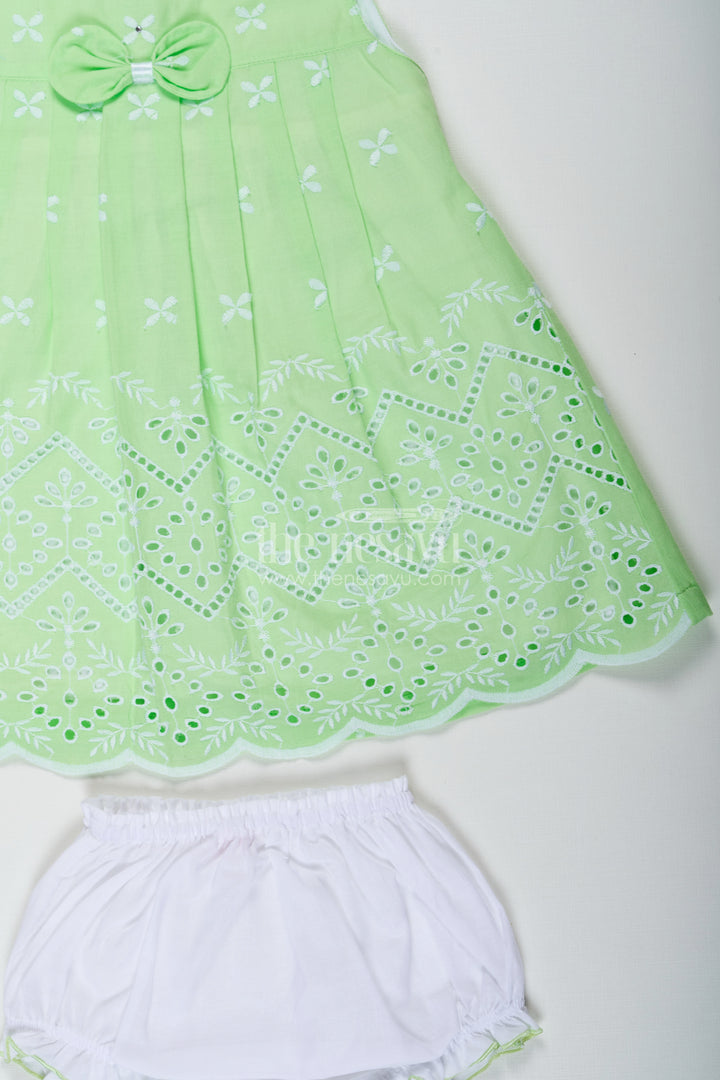 Ethnic Frock for Baby Girls in Green Cotton Hakoba Embroidery with Classic White Bloomers