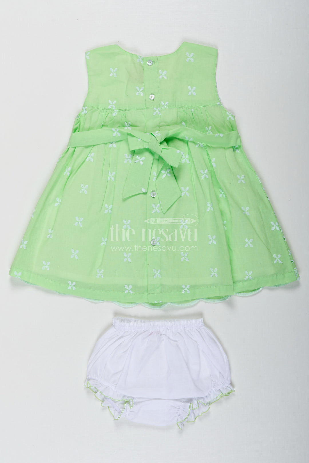 Ethnic Frock for Baby Girls in Green Cotton Hakoba Embroidery with Classic White Bloomers