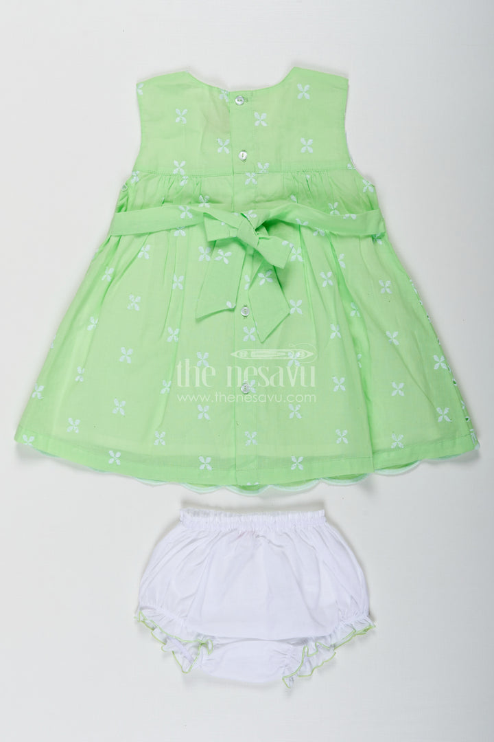 Ethnic Frock for Baby Girls in Green Cotton Hakoba Embroidery with Classic White Bloomers