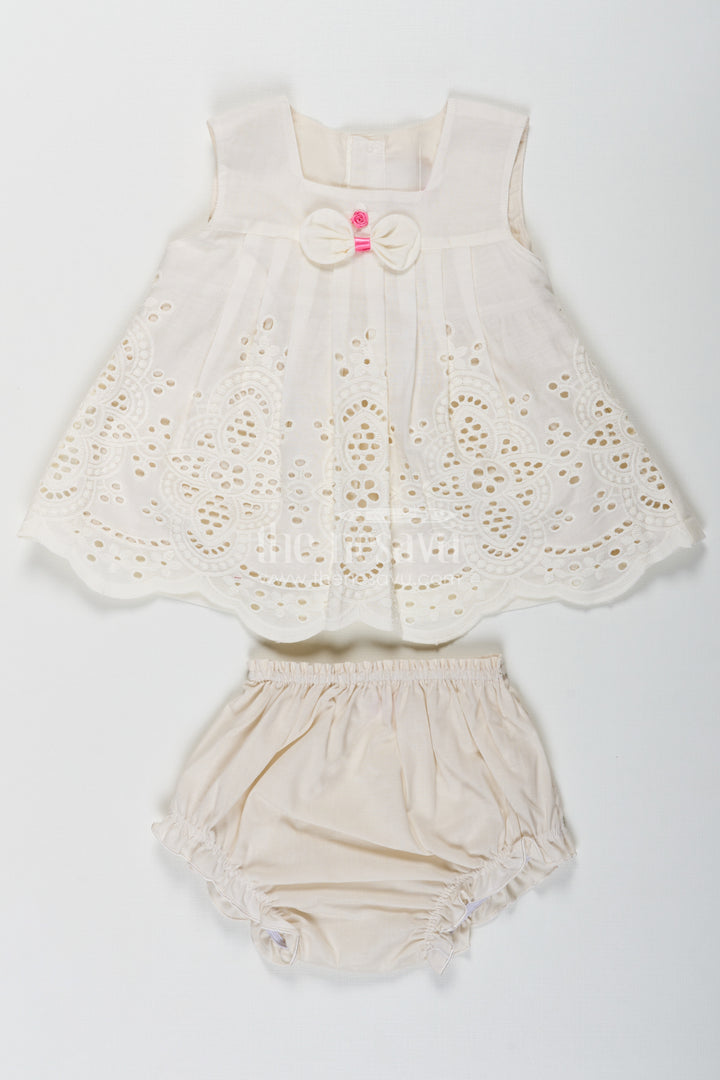 Dress Frock Suit for Baby Girls in Cream Cotton Hakoba Embroidery with Matching Bloomers