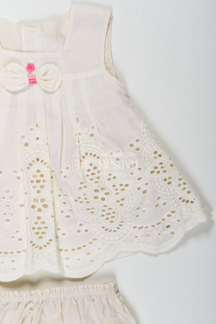 Dress Frock Suit for Baby Girls in Cream Cotton Hakoba Embroidery with Matching Bloomers