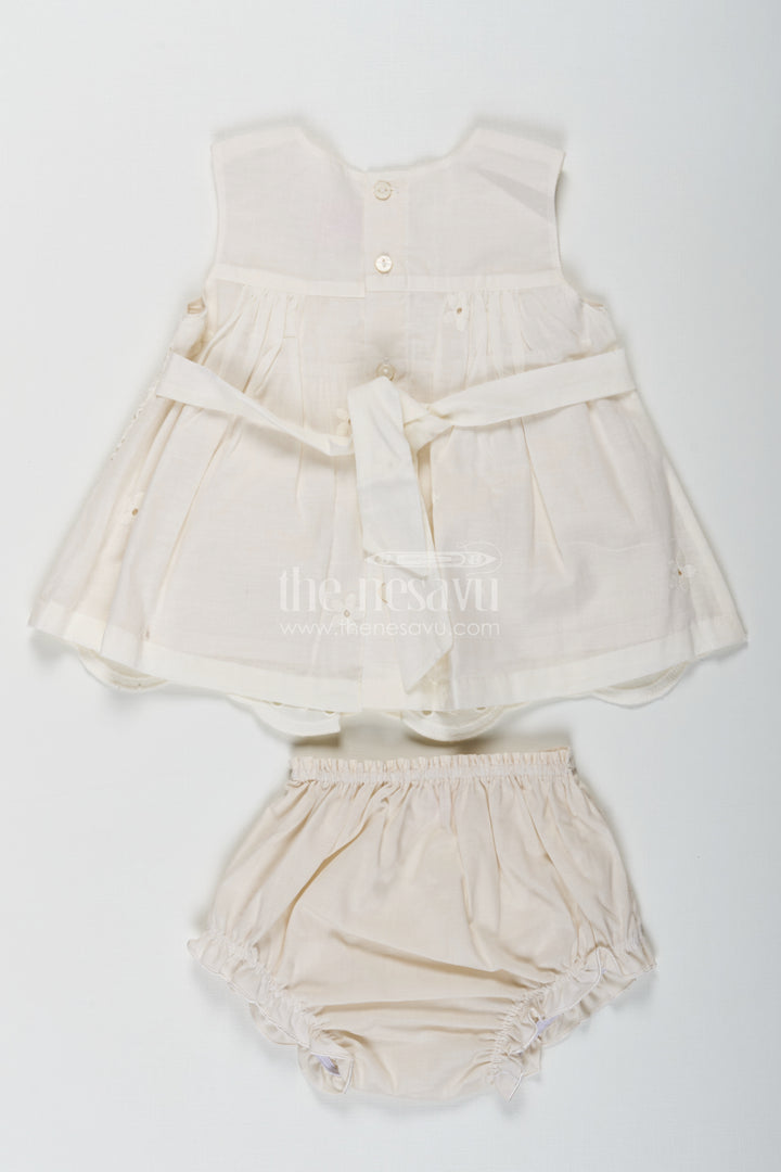 Dress Frock Suit for Baby Girls in Cream Cotton Hakoba Embroidery with Matching Bloomers