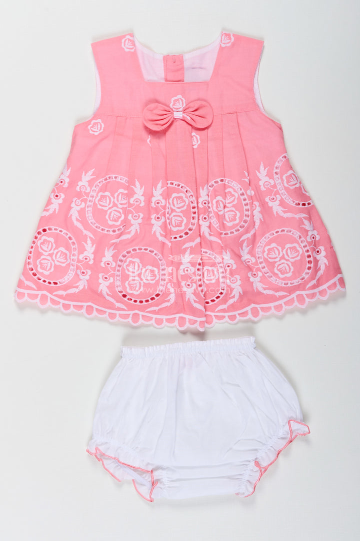 Engagement Frock for Baby Girls in Peach Pink Hakoba Cotton with White Embroidery and Bloomers