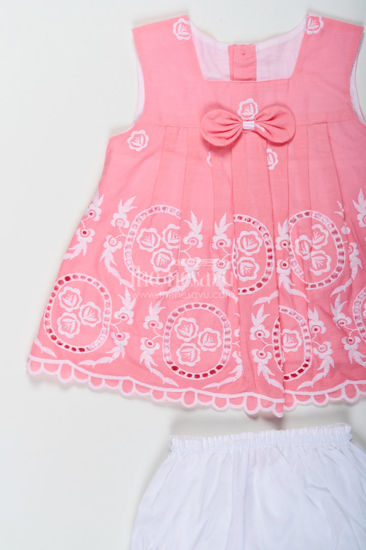 Engagement Frock for Baby Girls in Peach Pink Hakoba Cotton with White Embroidery and Bloomers